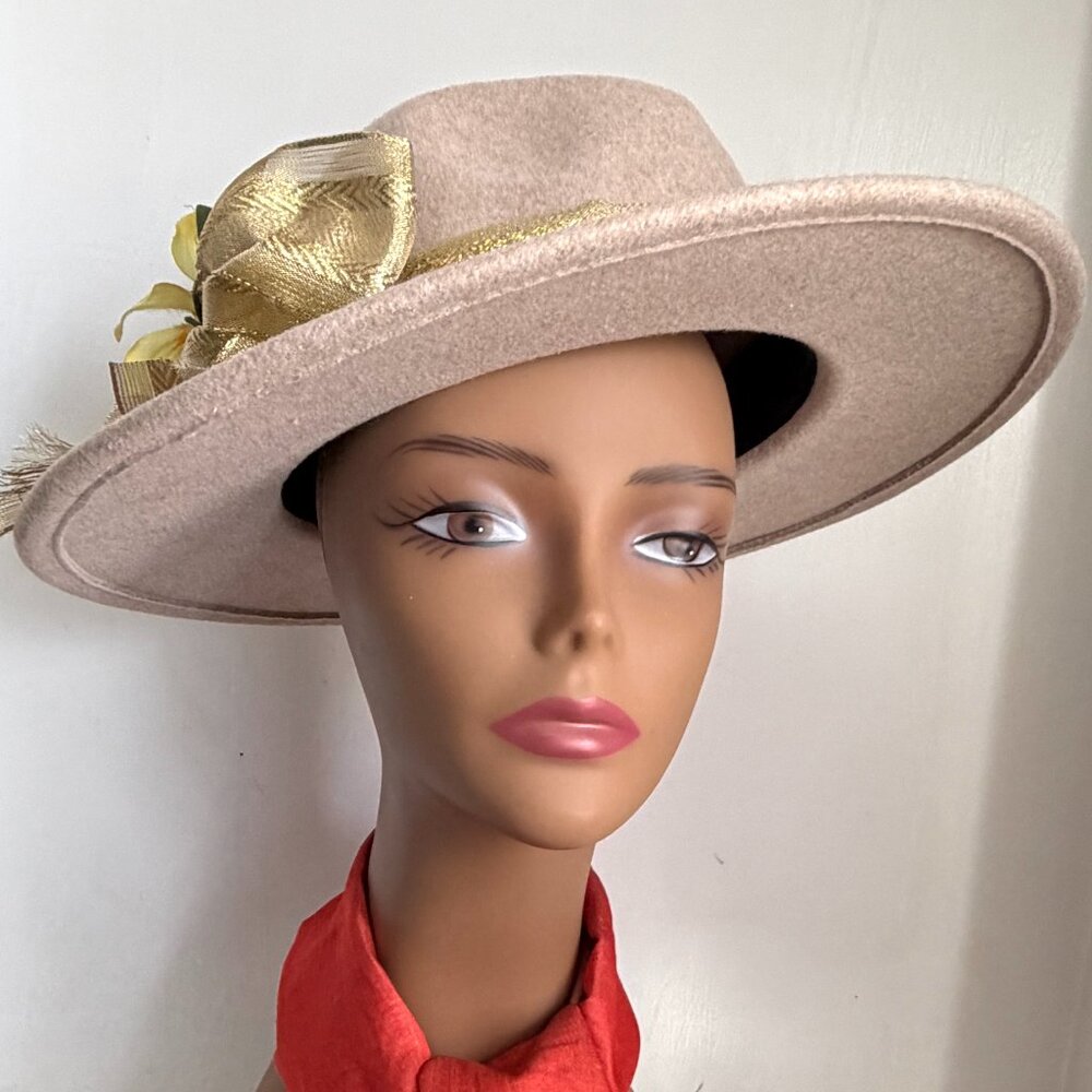 Vegan Panama Rancher Fedora Tan Wide Brim Daffodil Gold Ribbon Bow Hat New